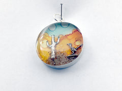 Sterling silver 25mm Round Pendant with Sterling Silver Road Runner and saguaro cactus, alcohol ink,  desert, cacti, bird