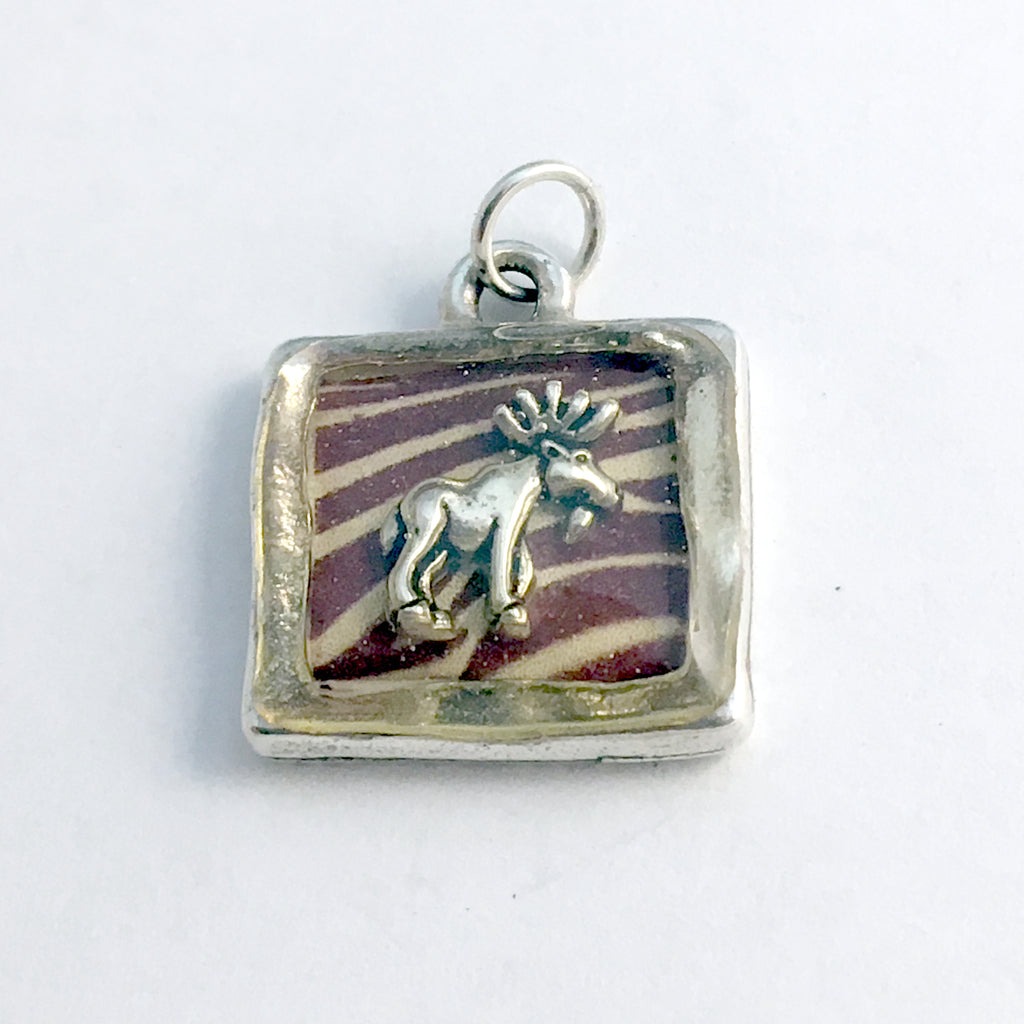 Pewter with brown and cream stripe print & sterling silver moose pendant-resin
