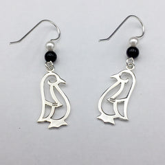 Sterling silver open penguin dangle earrings- bird-black onyx, penguins, birds