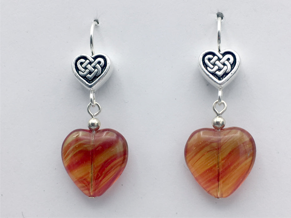 Pewter & sterling silver Celtic Knot Heart dangle earrings-orange and red glass-Valentine