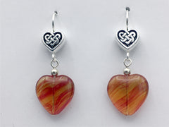 Pewter & sterling silver Celtic Knot Heart dangle earrings-orange and red glass-Valentine