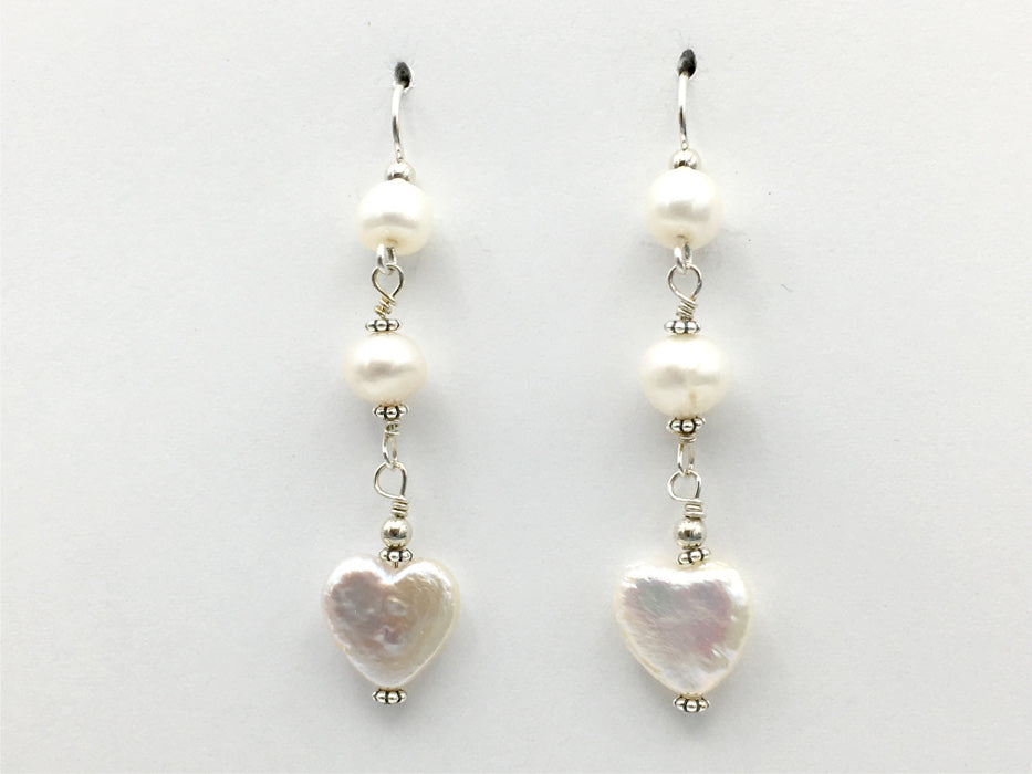 Sterling Silver and Freshwater Pearl heart dangle earrings-love, hearts, bridal