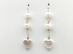 Sterling Silver and Freshwater Pearl heart dangle earrings-love, hearts, bridal