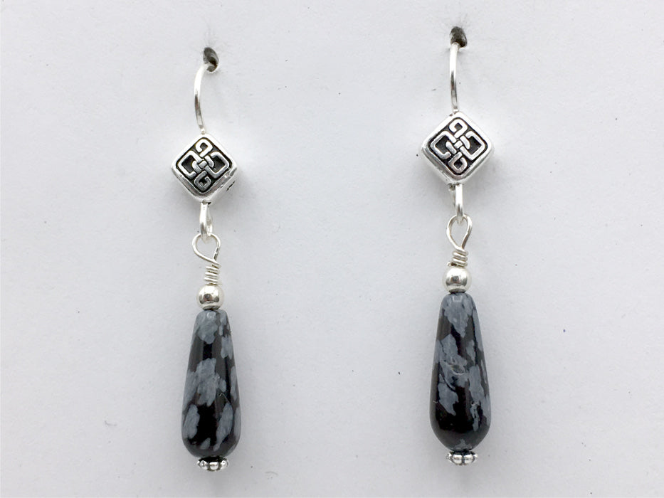 Pewter & Sterling Silver rhombus Celtic  knot dangle Earrings-snowflake Obsidian, knots
