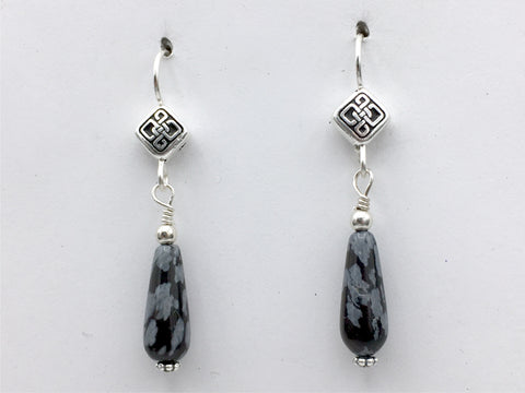 Pewter & Sterling Silver rhombus Celtic  knot dangle Earrings-snowflake Obsidian, knots