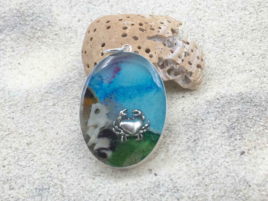 Sterling silver 30mmx 22mm Oval Pendant with Shell, Shells, crab, Sea glass, LBI,  New Jersey shore, tide pool,  alcohol ink art,  beach comber, Long Beach Island