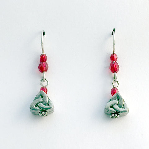 Pewter & sterling silver Celtic Trinity knot dangle earrings-red glass- knots