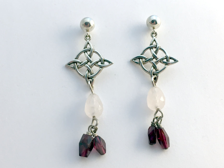 Sterling silver 6mm ball studs w/ Celtic knot cross earrings-garnet, rose quartz