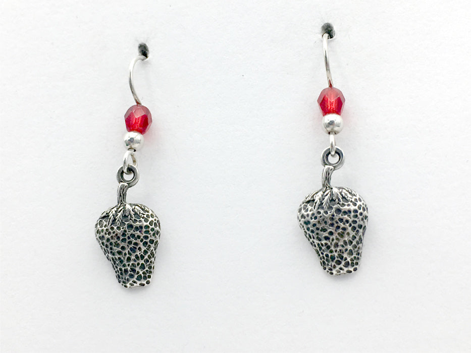 Sterling Silver strawberry dangle earrings-red glass-fruit, berry, strawberries