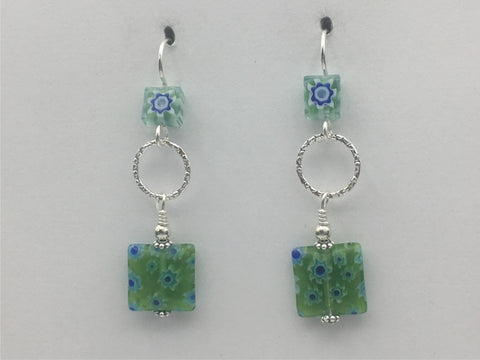 Sterling Silver Millefiori glass with textured link dangle earrings- green,white, blue