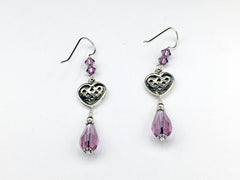 Sterling Silver  Celtic Trinity Knot Heart dangle Earrings- purple crystal