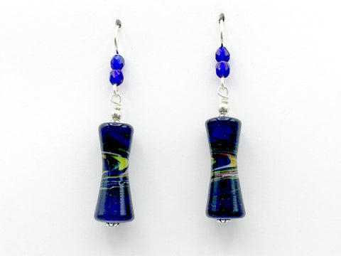 Cobalt Blue glass with orange, red, green & white swirl tube bead dangle earrings-sterling silver