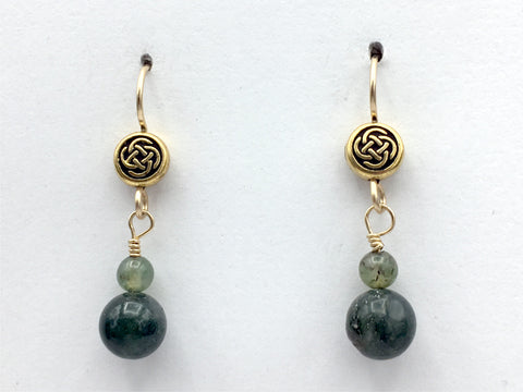 Gold tone Pewter &14k gf Celtic small Round Knot earrings- moss agate, green