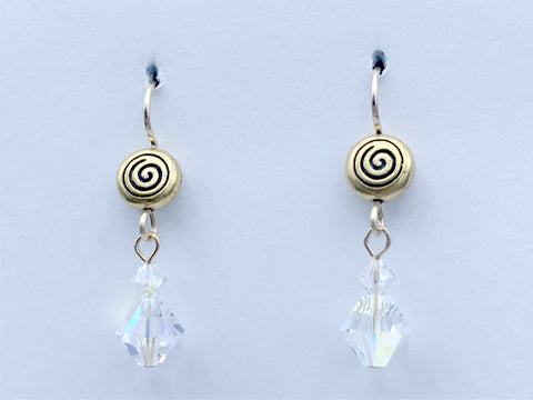 Gold tone Pewter & 14kgf spiral dangle earrings- clear crystal with AB , spirals