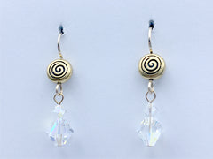 Gold tone Pewter & 14kgf spiral dangle earrings- clear crystal with AB , spirals