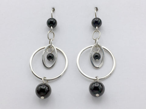 Sterling silver and Black Onyx oval in circle dangle earrings, circles