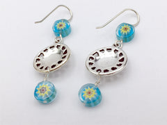Pewter & Sterling Silver Sun with face dangle earrings-celestial,sky, Millefiori blue