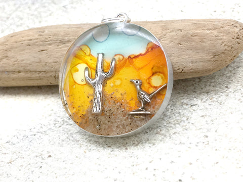 Sterling silver 25mm Round Pendant with Sterling Silver Road Runner and saguaro cactus, alcohol ink,  desert, cacti, bird