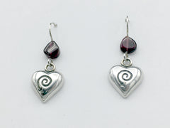 Sterling Silver Spiral Heart dangle Earrings-garnet,hearts, love,Valentine,arrow