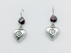 Sterling Silver Spiral Heart dangle Earrings-garnet,hearts, love,Valentine,arrow