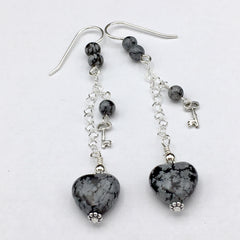 Sterling Silver and Snowflake Obsidian heart dangle earrings-love, key to my heart, hearts