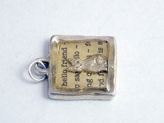 Pewter with hello friend print & sterling silver tiny cat pendant-resin, cats