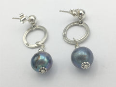 Sterling Silver 5mm ball stud with hammered circle Earrings-dangle, freshwater pearls
