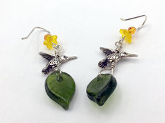 Pewter & Sterling silver hummingbird dangle earrings-yellow flower and green glass leaves, sunflower