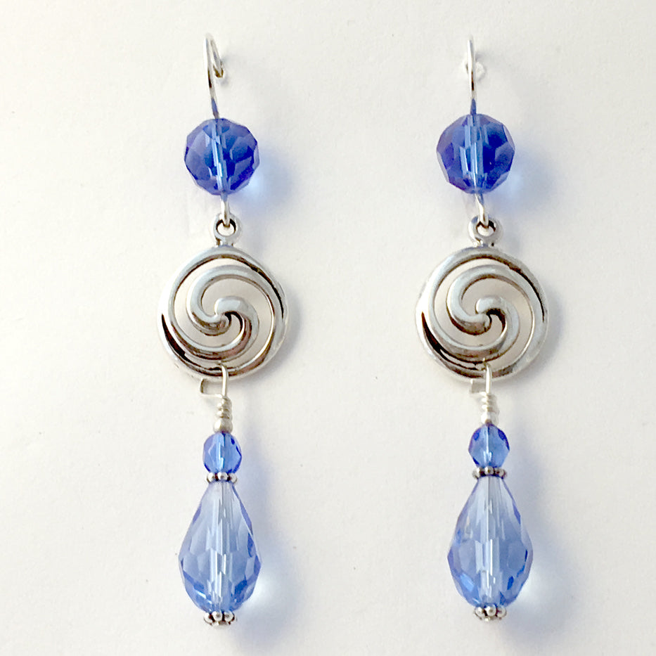 Sterling Silver double Spiral  Earrings-blue crystal, Celtic, Spirals, 2 1/2 in
