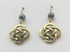 Gold tone Pewter & 14k gf Celtic large Round Knot earrings- Hematite