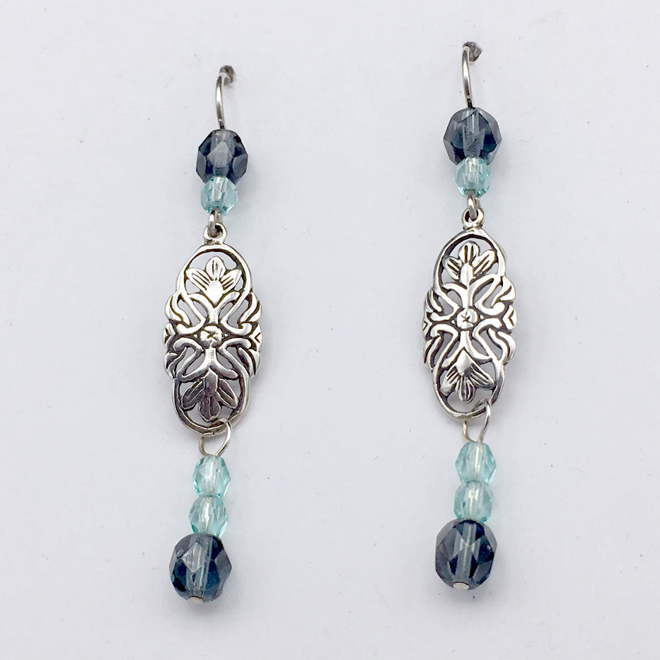 Sterling Silver flower scroll plaque dangle earrings-denim & aqua glass, flowers,floral