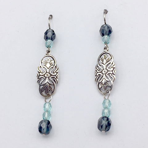 Sterling Silver flower scroll plaque dangle earrings-denim & aqua glass, flowers,floral
