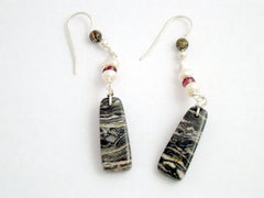 Sterling silver, Leopardskin Jasper, Freshwater Pearl and garnet beads dangle earrings with Spiral