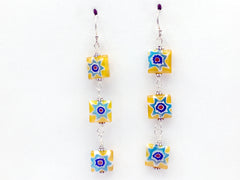 Sterling silver & millefiori yellow, aqua glass beads dangle earrings-bright,sun