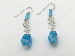 Sterling Silver Celtic Knot dangle earrings- Millefiori glass, aqua blue