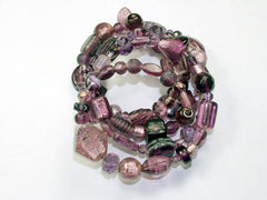 4 Strand Glass lampwork bead, crystal and amethyst bead Memory Wire Bracelet,  Purples