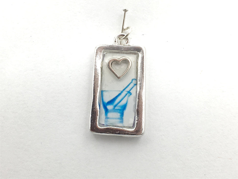 Pewter pendant mortar & pestle, sterling silver open heart -resin,RX,Pharmacist
