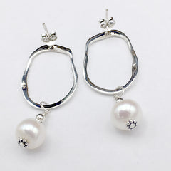 Sterling Silver wavy hoop stud earrings with white freshwater pearl dangles