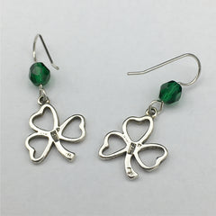 Sterling Silver  open Shamrock dangle Earrings-Irish-St. Patrick, emerald green