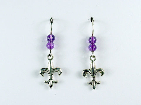 Sterling Silver Fleur-de-lis dangle earrings-French, heraldry, amethyst, lily