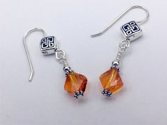 Pewter & Sterling Silver rhombus Celtic  knot dangle Earrings- Orange Crystal, knots