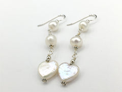 Sterling Silver and Freshwater Pearl heart dangle earrings-love, hearts, bridal