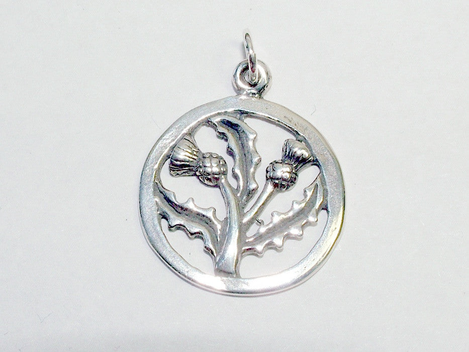 Sterling Silver Double Thistle in Circle pendant or charm,  Scotland, flowers