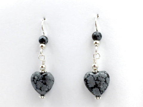Snowflake Obsidian heart dangle earrings-love,Sterling Silver, Valentine, hearts