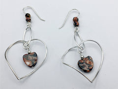 Sterling silver twisted large wire heart with Leopardskin Jasper dangle earrings-hearts,Valentine, love