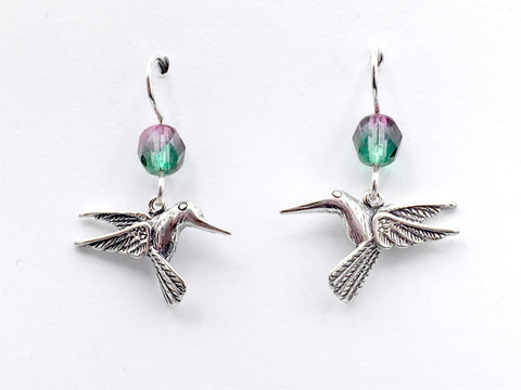 Sterling silver Hummingbird dangle earrings-birds, bird, humming, pink, green