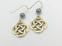 Gold tone Pewter & 14k gf Celtic large Round Knot earrings- Hematite