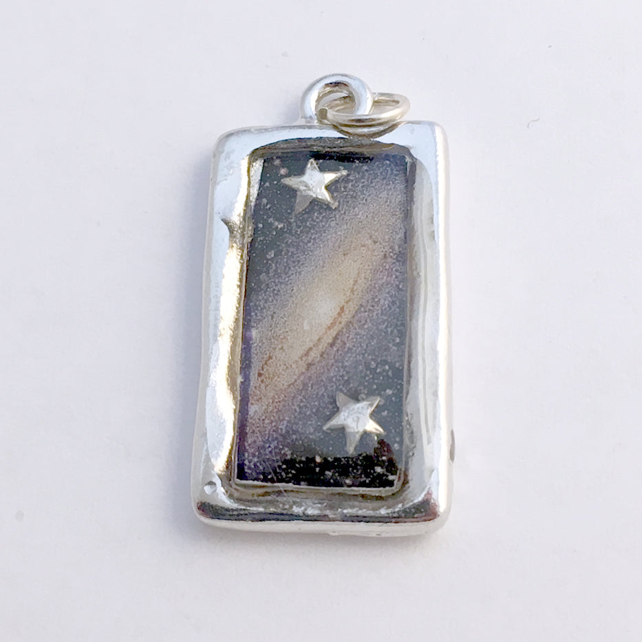 Pewter frame,Galaxy print, sterling silver stars pendant-resin,Astronomy, star