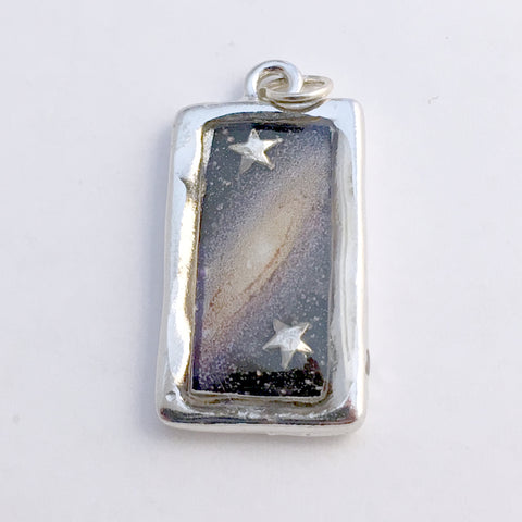 Pewter frame,Galaxy print, sterling silver stars pendant-resin,Astronomy, star