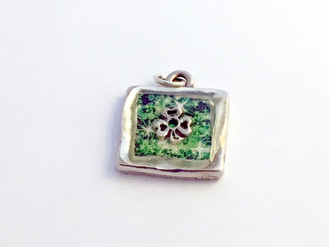 ﻿Square Pewter pendant with Sterling Silver Shamrock- emerald green, Irish,celtic